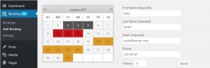 Booking Calendar plugin screenshot with highlighted dates on calendar.