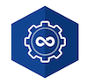 DevOps dark blue logo with white gear icon.
