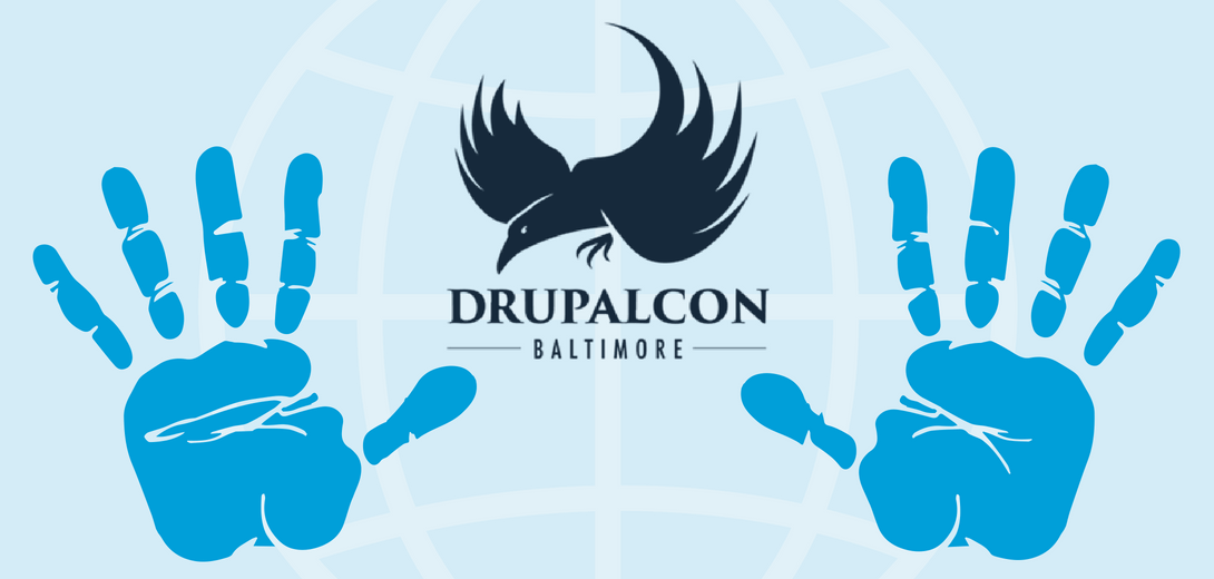 Blue handprints surrounding DrupalCon Baltimore raven logo.