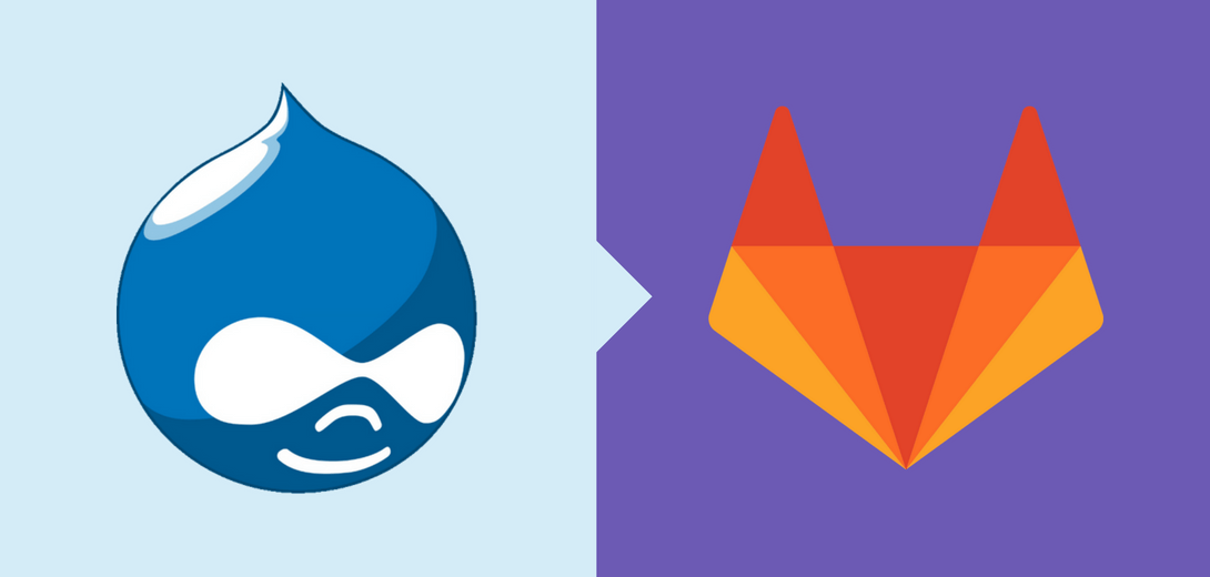 Drupal logo pointing to GitLab fox logo.