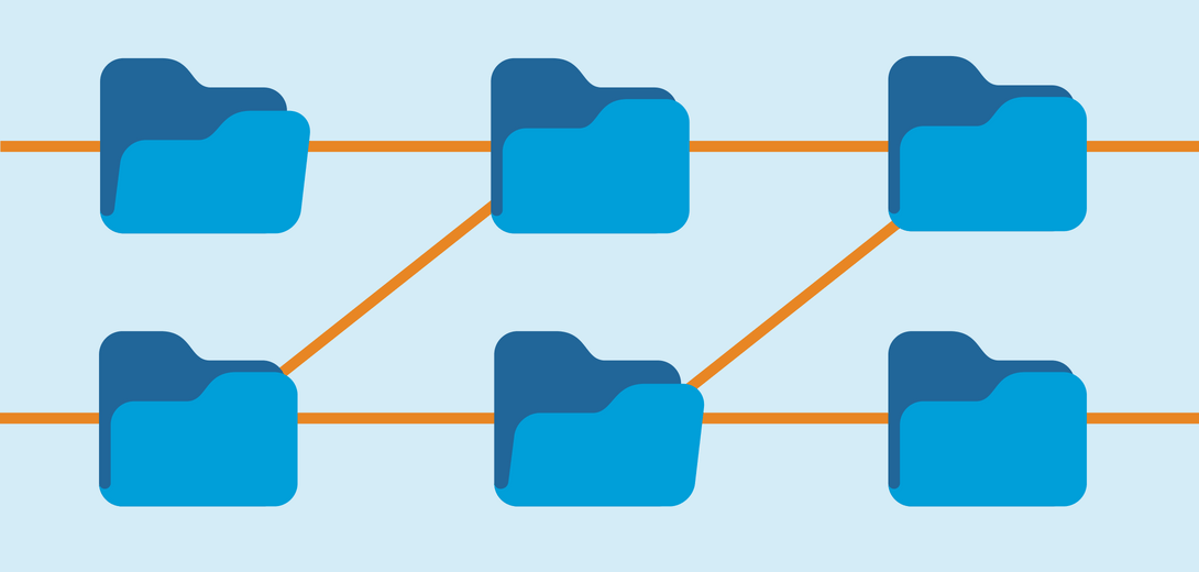 Two rows of blue folders connected by orange lines.